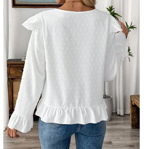 Classic Polka Dot V neck Button Detail Ruffle Hem Long sleeve Blouse